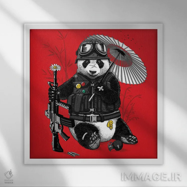 تابلو پاندای موتورسوار اثر آلبرتو پرز - نمای قابدار سفید