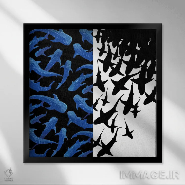 تابلو تصویر دوتایی کوسهها اثر آلبرتو پرز - نمای قابدار مشکی