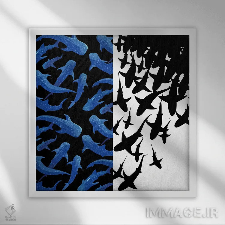 تابلو تصویر دوتایی کوسهها اثر آلبرتو پرز - نمای قابدار سفید