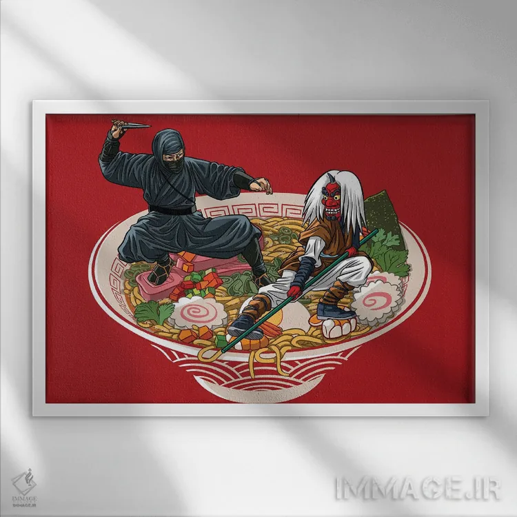 تابلو نینجاها روی رامن اثر آلبرتو پرز - نمای قابدار سفید