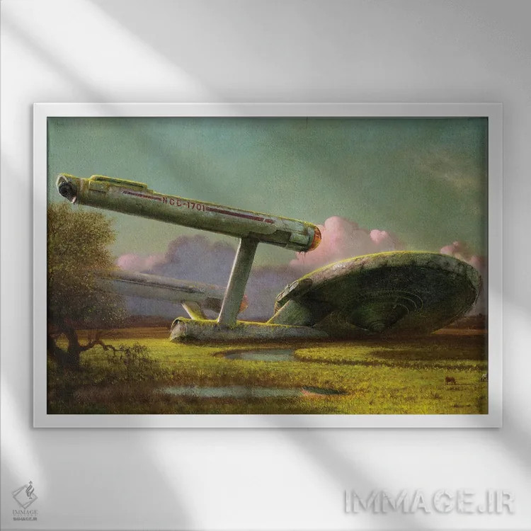 تابلو سفینهٔ فراموششده در چمنزار اثر آرس فانتازیو (نام هنری ـ هنرمند فانتزی) - نمای قابدار سفید