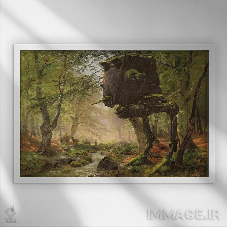 تابلو ایتی-استی رهاشده در جنگل (شخصیت جنگ ستارگان) اثر آرس فانتازیو (نام هنری ـ هنرمند فانتزی) - نمای قابدار سفید