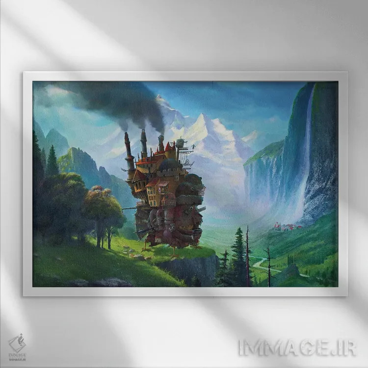 تابلو قلعه متحرک هاول کنار آبشار اشتاوباخ سوئیس اثر آرس فانتازیو (نام هنری ـ هنرمند فانتزی) - نمای قابدار سفید