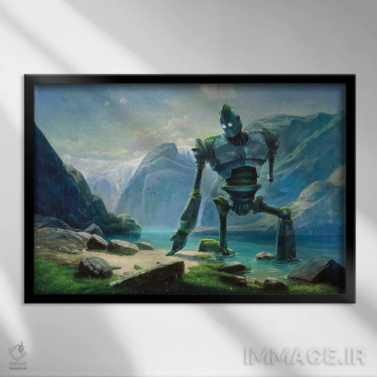 تابلو غول آهنی کنار دریاچه در سوئیس اثر آرس فانتازیو (نام هنری ـ هنرمند فانتزی) - نمای قابدار مشکی