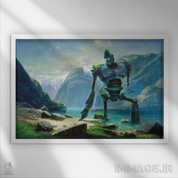 تابلو غول آهنی کنار دریاچه در سوئیس اثر آرس فانتازیو (نام هنری ـ هنرمند فانتزی) - نمای قابدار سفید