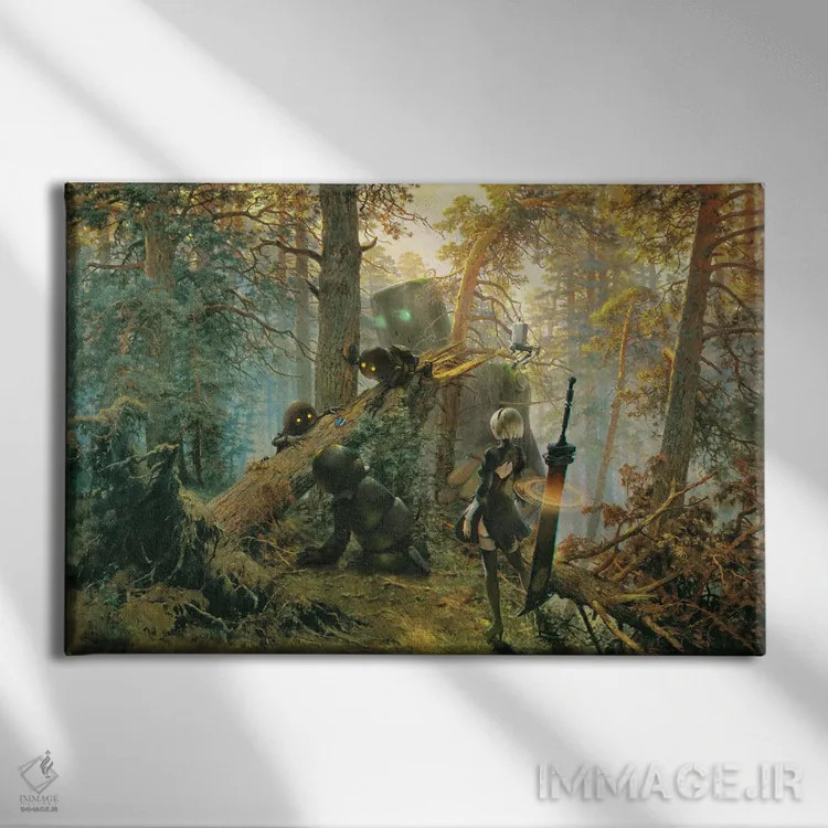 تابلو رباتها در جنگل کاج بازی میکنند اثر آرس فانتازیو (نام هنری ـ هنرمند فانتزی) - نمای روبهرو روی دیوار