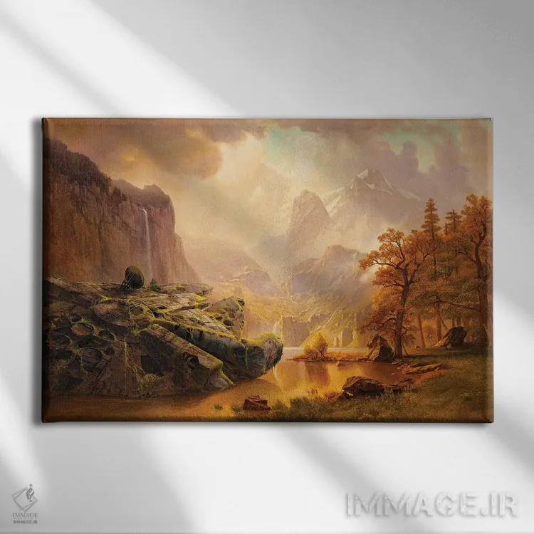 تابلو میلنیوم فالکن در کوهستان (سفینه جنگ ستارگان) اثر آرس فانتازیو (نام هنری ـ هنرمند فانتزی) - نمای روبهرو روی دیوار