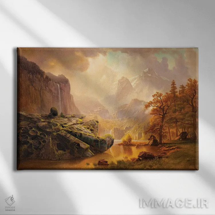 تابلو میلنیوم فالکن در کوهستان (سفینه جنگ ستارگان) اثر آرس فانتازیو (نام هنری ـ هنرمند فانتزی) - نمای روبهرو روی دیوار