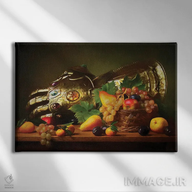 تابلو دستکش تانوس روی طبیعت بیجان اثر آرس فانتازیو (نام هنری ـ هنرمند فانتزی) - نمای روبهرو روی دیوار