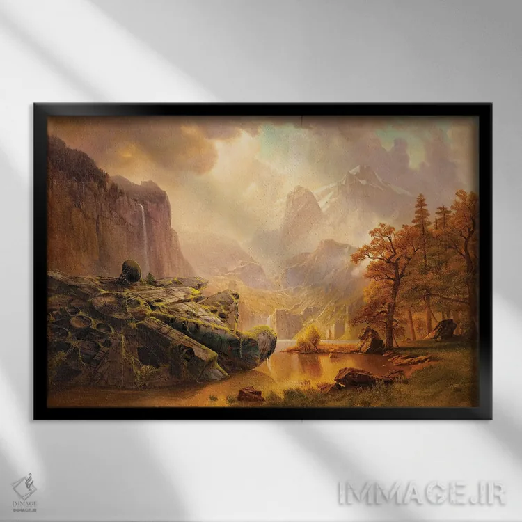 تابلو میلنیوم فالکن در کوهستان (سفینه جنگ ستارگان) اثر آرس فانتازیو (نام هنری ـ هنرمند فانتزی) - نمای قابدار مشکی