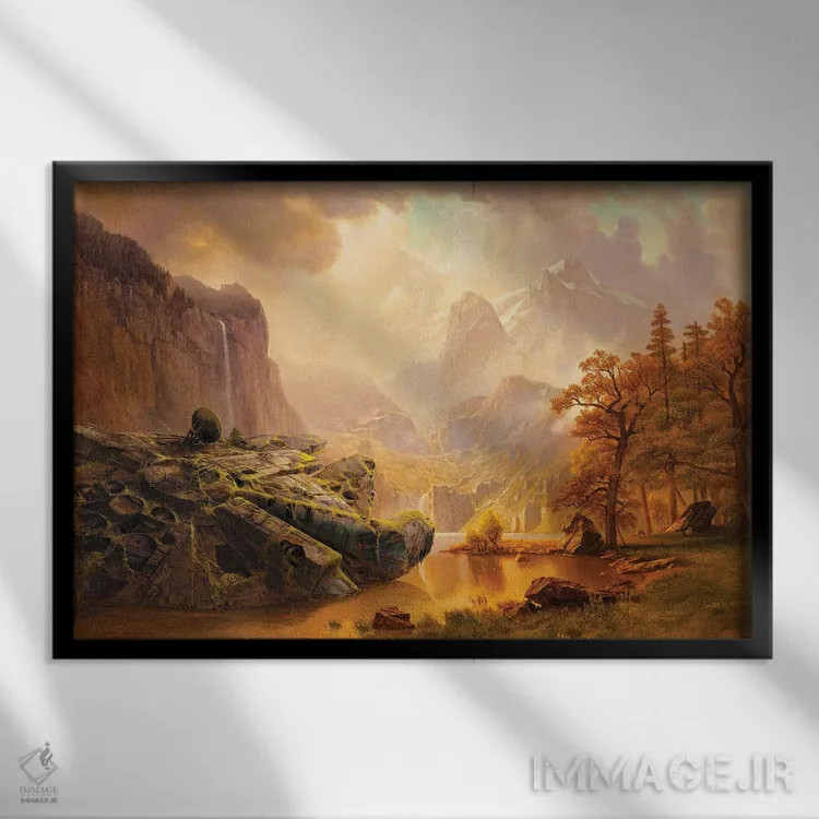 تابلو میلنیوم فالکن در کوهستان (سفینه جنگ ستارگان) اثر آرس فانتازیو (نام هنری ـ هنرمند فانتزی) - نمای قابدار مشکی