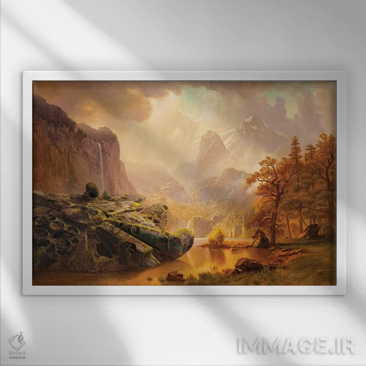 تابلو میلنیوم فالکن در کوهستان (سفینه جنگ ستارگان) اثر آرس فانتازیو (نام هنری ـ هنرمند فانتزی) - نمای قابدار سفید