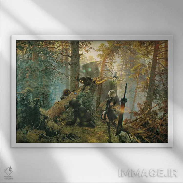 تابلو رباتها در جنگل کاج بازی میکنند اثر آرس فانتازیو (نام هنری ـ هنرمند فانتزی) - نمای قابدار سفید