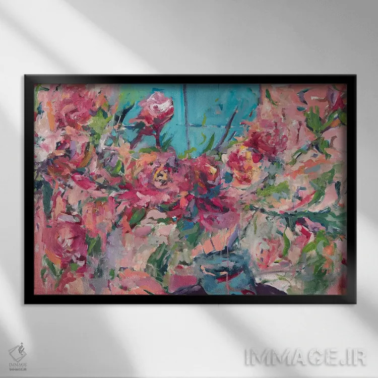 تابلو گلها روی طاقچه اثر امیره رحیم - نمای قابدار مشکی