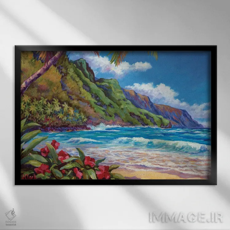 تابلو امواج در ساحل نا پالی اثر جان کلارک - نمای قابدار مشکی