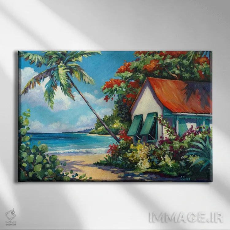 تابلو کلبه ساحلی با سقف قرمز اثر جان کلارک - نمای روبهرو روی دیوار