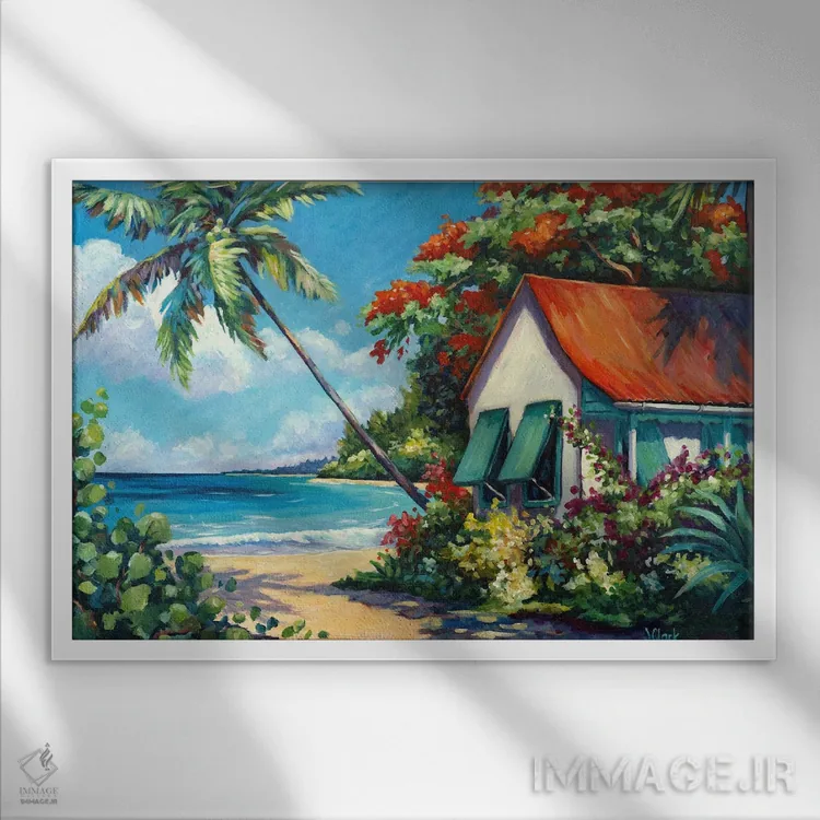 تابلو کلبه ساحلی با سقف قرمز اثر جان کلارک - نمای قابدار سفید