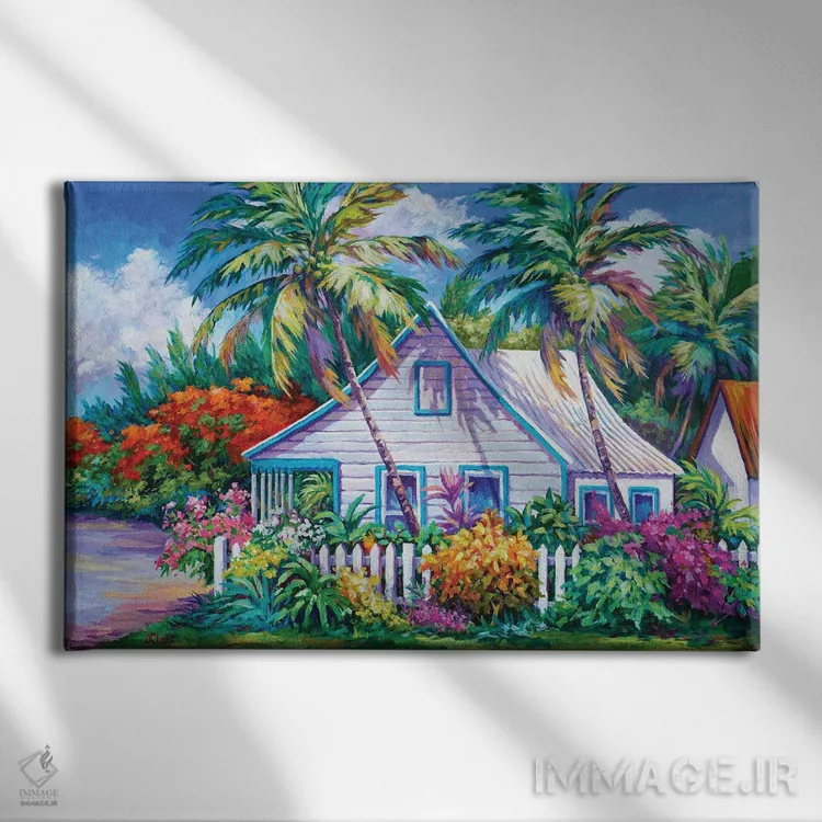 تابلو کلبه با حصار چوبی اثر جان کلارک - نمای روبهرو روی دیوار