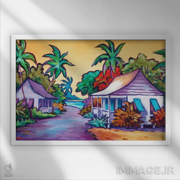 تابلو کلبههای کارائیب اثر جان کلارک - نمای قابدار سفید