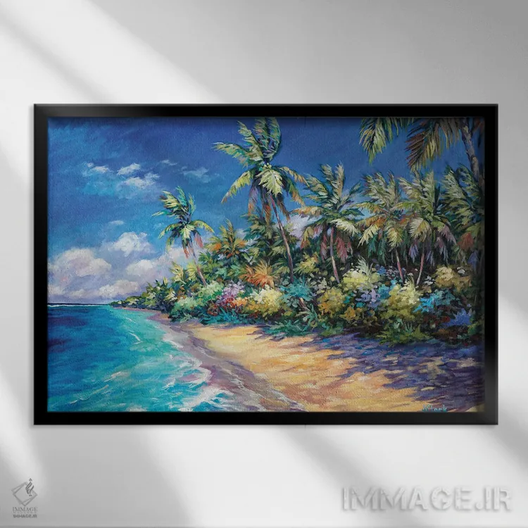 تابلو ساحل و نخلها اثر جان کلارک - نمای قابدار مشکی