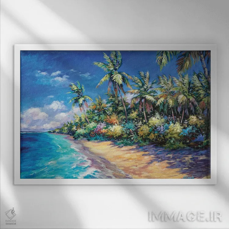 تابلو ساحل و نخلها اثر جان کلارک - نمای قابدار سفید