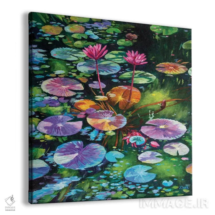 تابلو نیلوفرهای آبی صورتی اثر جان کلارک - نمای پرسپکتیو محصول