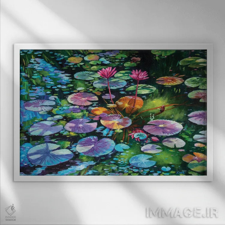 تابلو نیلوفرهای آبی اثر جان کلارک - نمای قابدار سفید