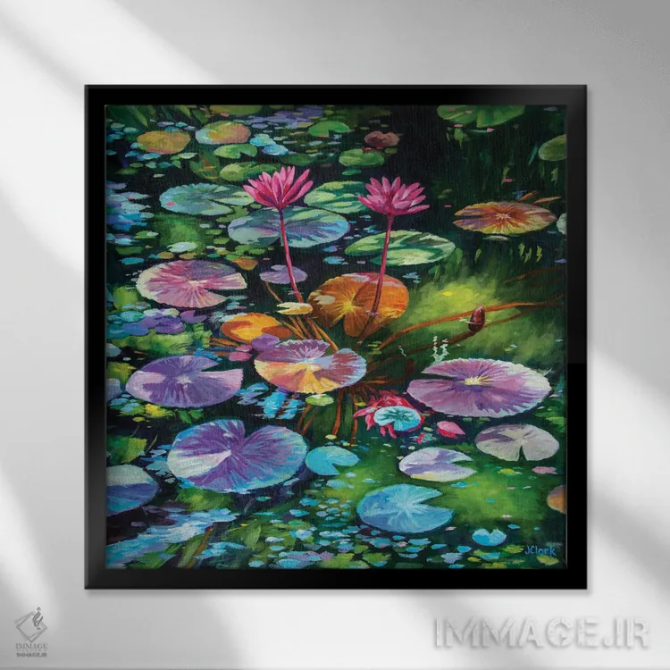 تابلو نیلوفرهای آبی صورتی اثر جان کلارک - نمای قابدار مشکی