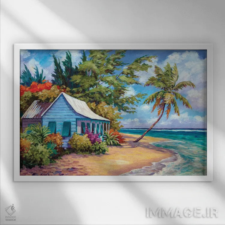 تابلو کلبه در لب آب اثر جان کلارک - نمای قابدار سفید