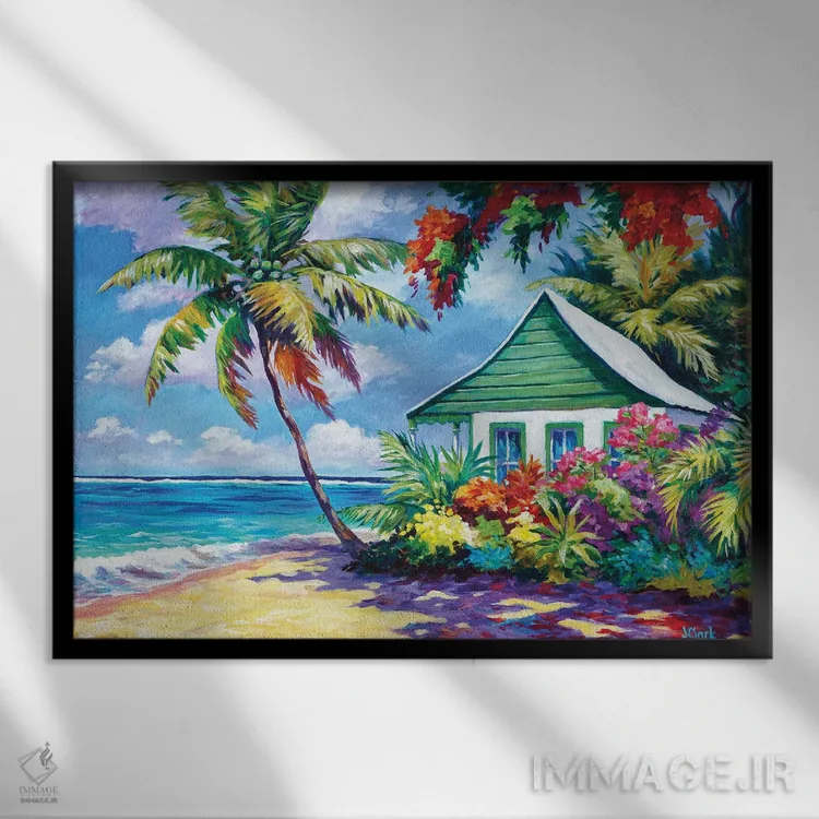 تابلو کلبه سبز در ساحل اثر جان کلارک - نمای قابدار مشکی