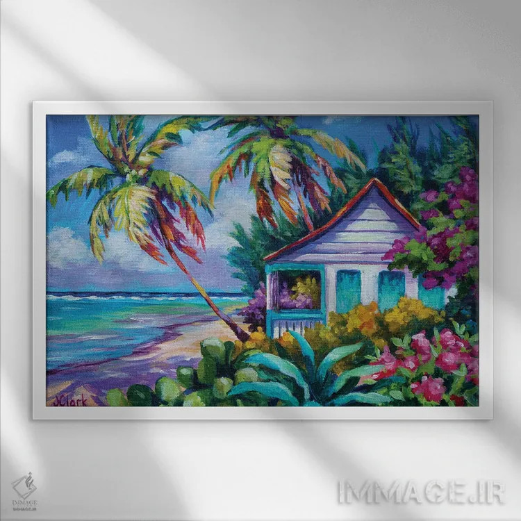 تابلو کلبه باغ گرمسیری اثر جان کلارک - نمای قابدار سفید