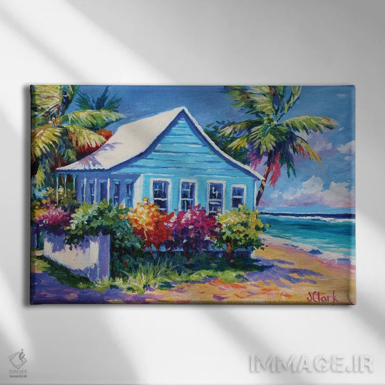 تابلو کلبه آبی در ساحل اثر جان کلارک - نمای روبهرو روی دیوار