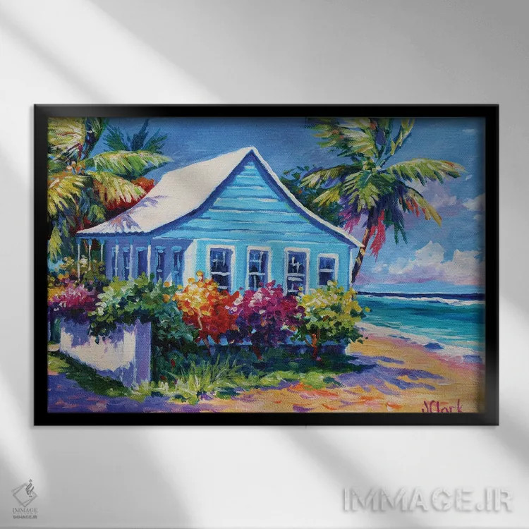 تابلو کلبه آبی در ساحل اثر جان کلارک - نمای قابدار مشکی