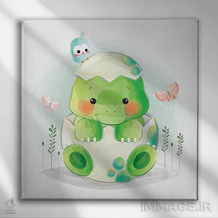 تابلو دایناسور کوچولو تازه از تخم درآمده اثر آرت میرانو - نمای روبهرو روی دیوار