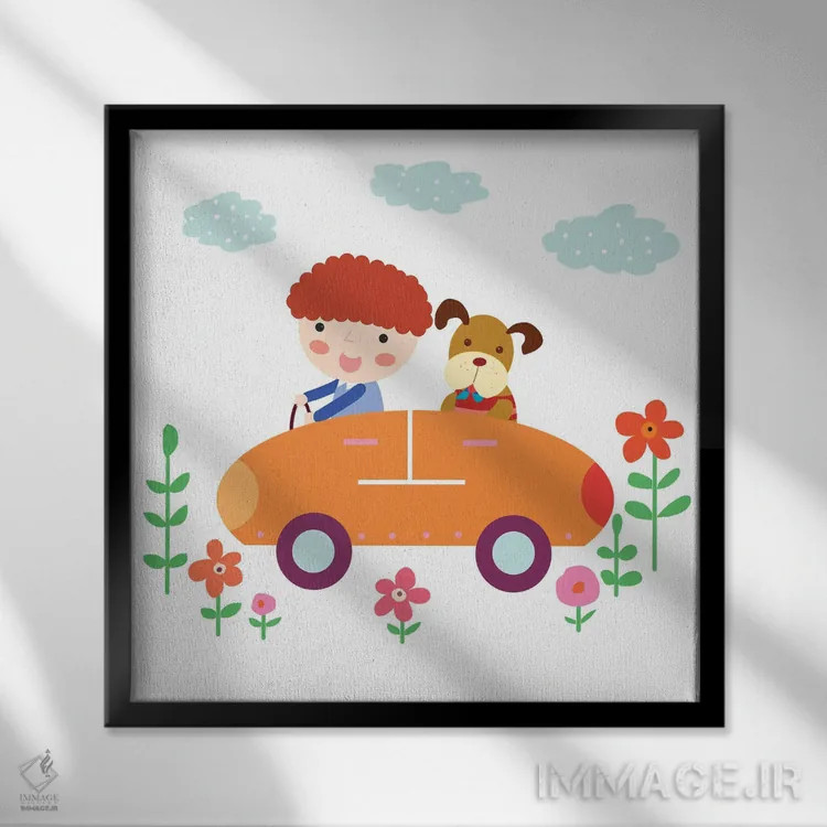 تابلو پسر و سگ رانندگی میکنند اثر آرت میرانو - نمای قابدار مشکی