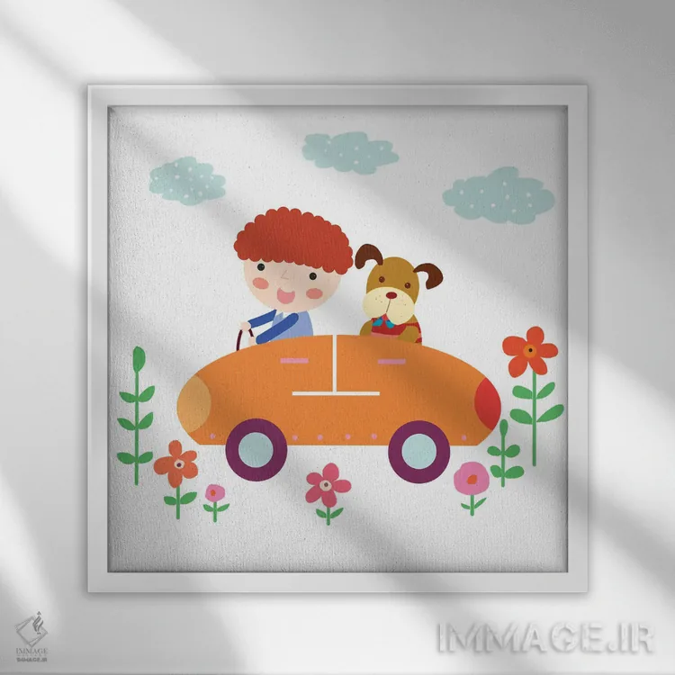 تابلو پسر و سگ رانندگی میکنند اثر آرت میرانو - نمای قابدار سفید