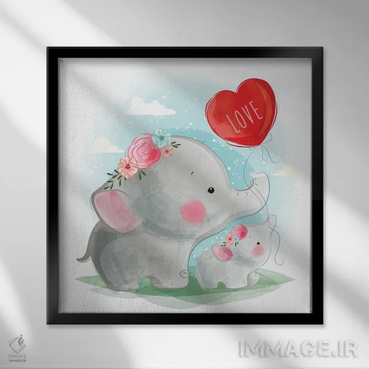 تابلو مادر و بچه فیل در آغوش هم اثر آرت میرانو - نمای قابدار مشکی