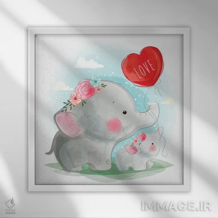 تابلو مادر و بچه فیل در آغوش هم اثر آرت میرانو - نمای قابدار سفید