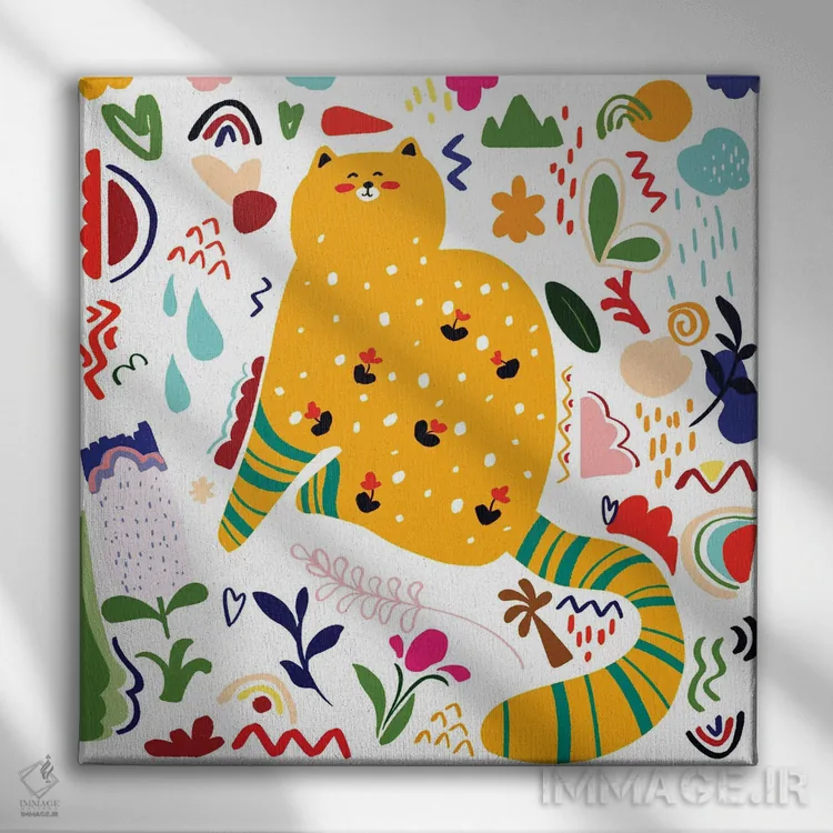 تابلو گربه آبستره بوهویی خندان اثر آرت میرانو - نمای روبهرو روی دیوار