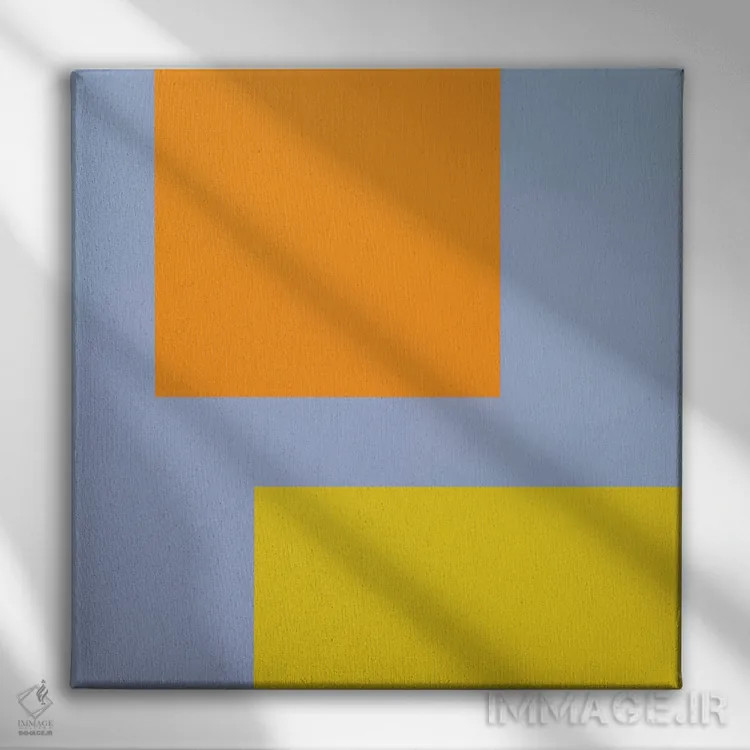 تابلو نارنجی آبی زرد اثر آرت میرانو - نمای روبهرو روی دیوار