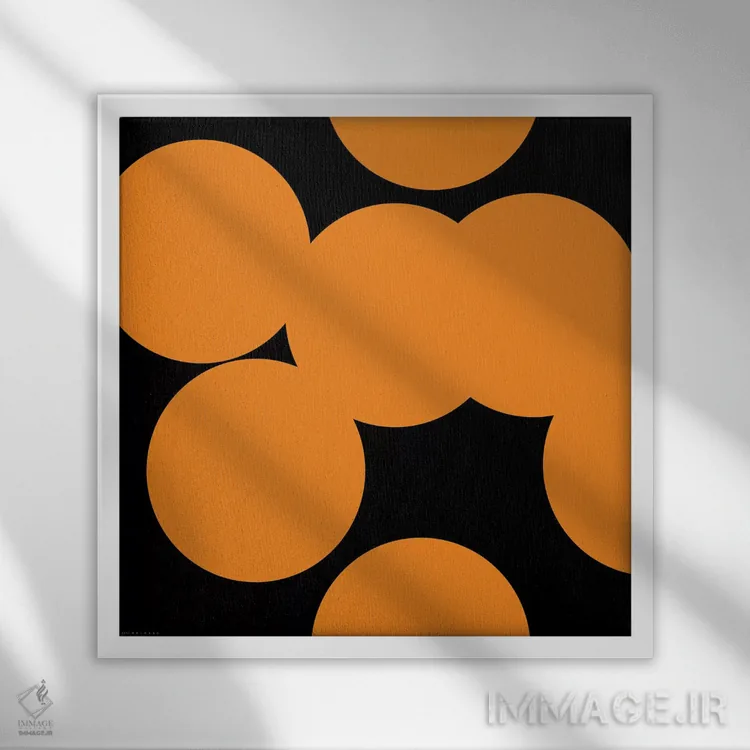 تابلو ۹۷ دایره نارنجی روی سیاه اثر آرت میرانو - نمای قابدار سفید