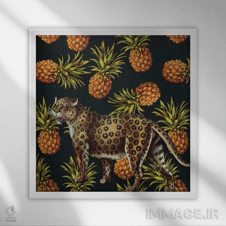 تابلو پلنگ در بین آناناسها اثر آرت میرانو - نمای قابدار سفید