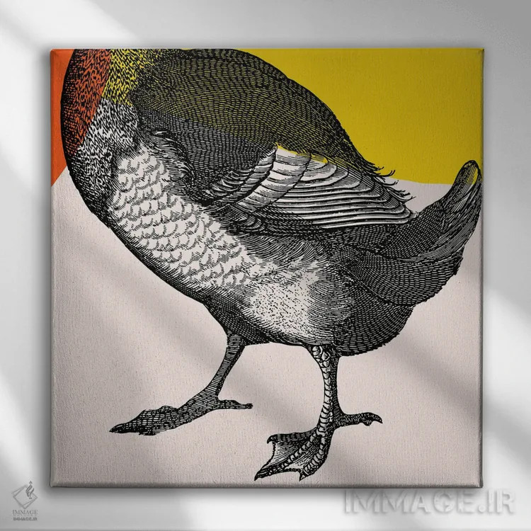 تابلو پرنده روی پاهای زرد اثر آرت میرانو - نمای روبهرو روی دیوار
