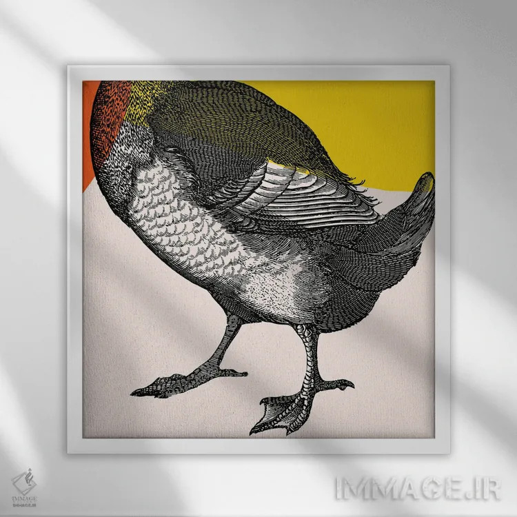 تابلو پرنده روی پاهای زرد اثر آرت میرانو - نمای قابدار سفید