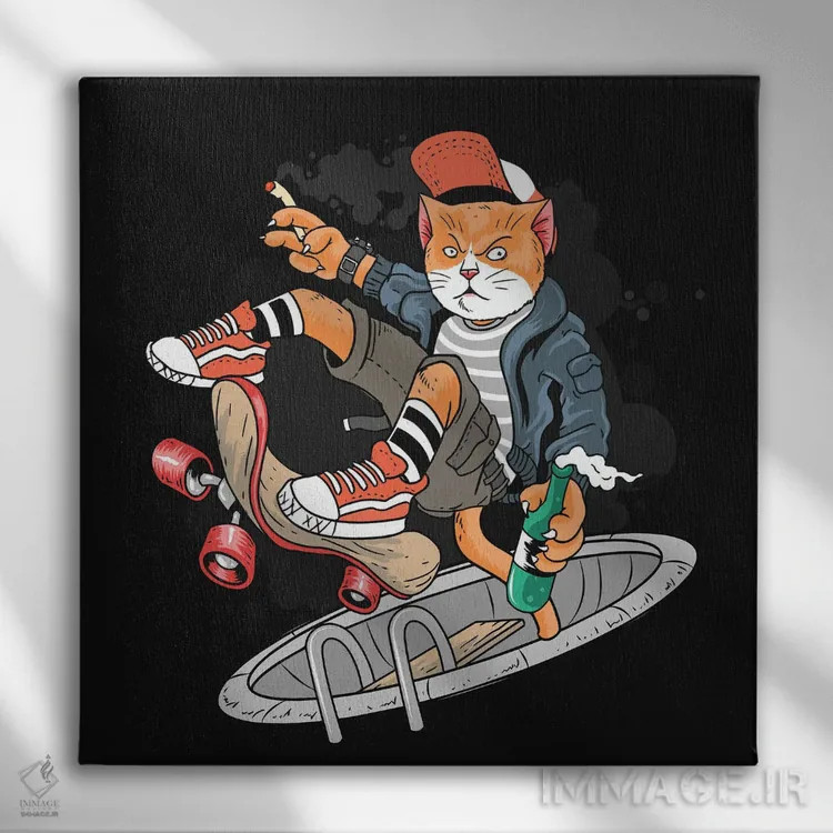 تابلو گربه و اسکیتبرد اثر آرت میرانو - نمای روبهرو روی دیوار