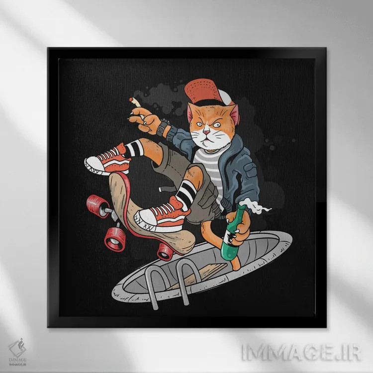 تابلو گربه و اسکیتبرد اثر آرت میرانو - نمای قابدار مشکی
