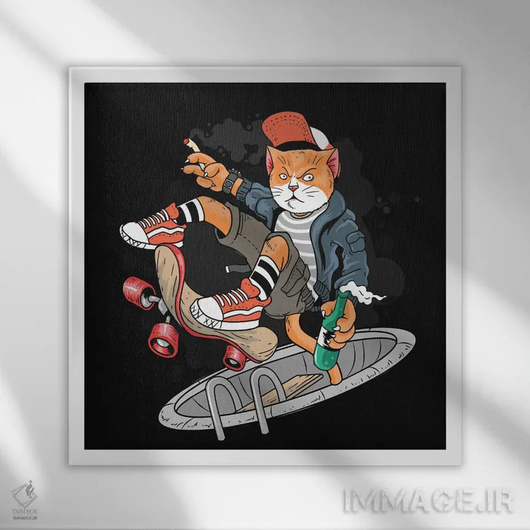 تابلو گربه و اسکیتبرد اثر آرت میرانو - نمای قابدار سفید