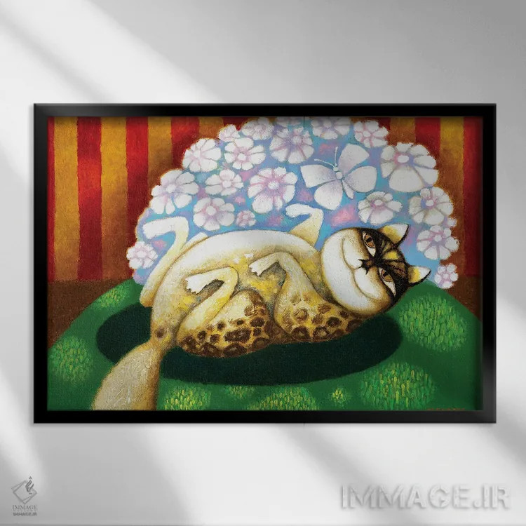 تابلو گربه با گلها اثر آرت میرانو - نمای قابدار مشکی