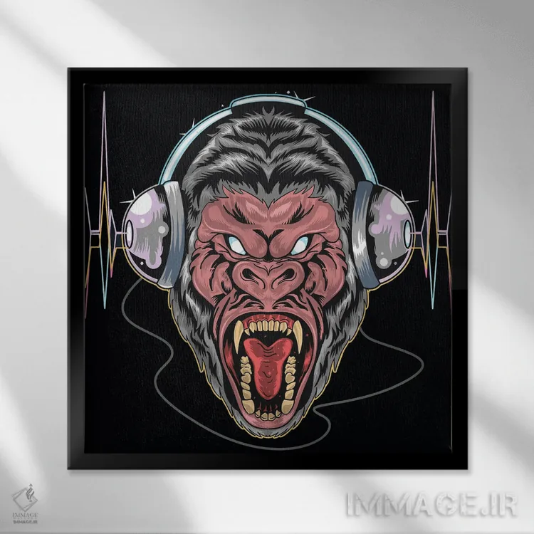 تابلو گوریل با هدفون اثر آرت میرانو - نمای قابدار مشکی