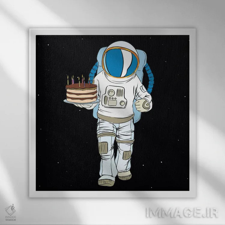 تابلو کیهاننورد و کیک اثر آرت میرانو - نمای قابدار سفید